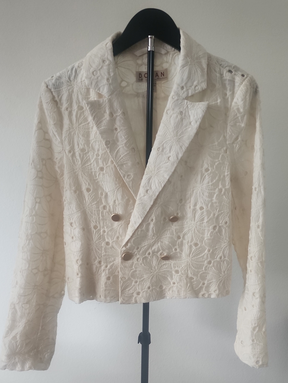 Dolan Anthropologie Cream Floral Eyelet Cropped Double-Breasted Blazer Size S